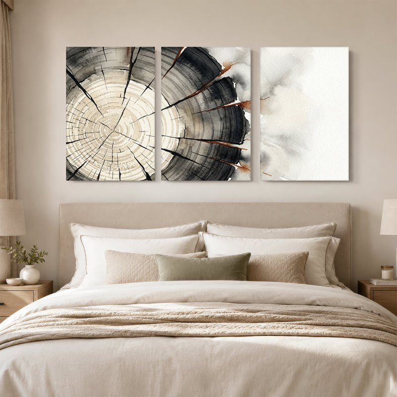 Ensemble de 3 tableaux muraux sur toile représentant une section transversale d'anneaux d'arbre en noir et beige