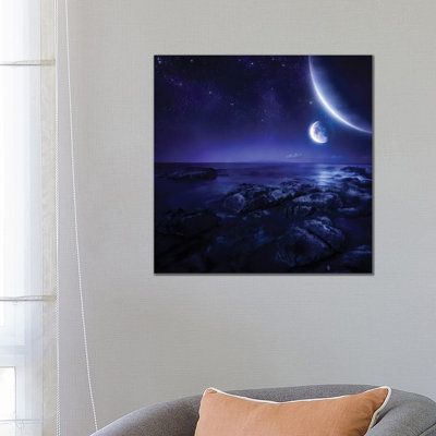 Nearby Planets Hover over the Ocean on This World at Night 1 Piece Wrapped Canvas Wall Art
