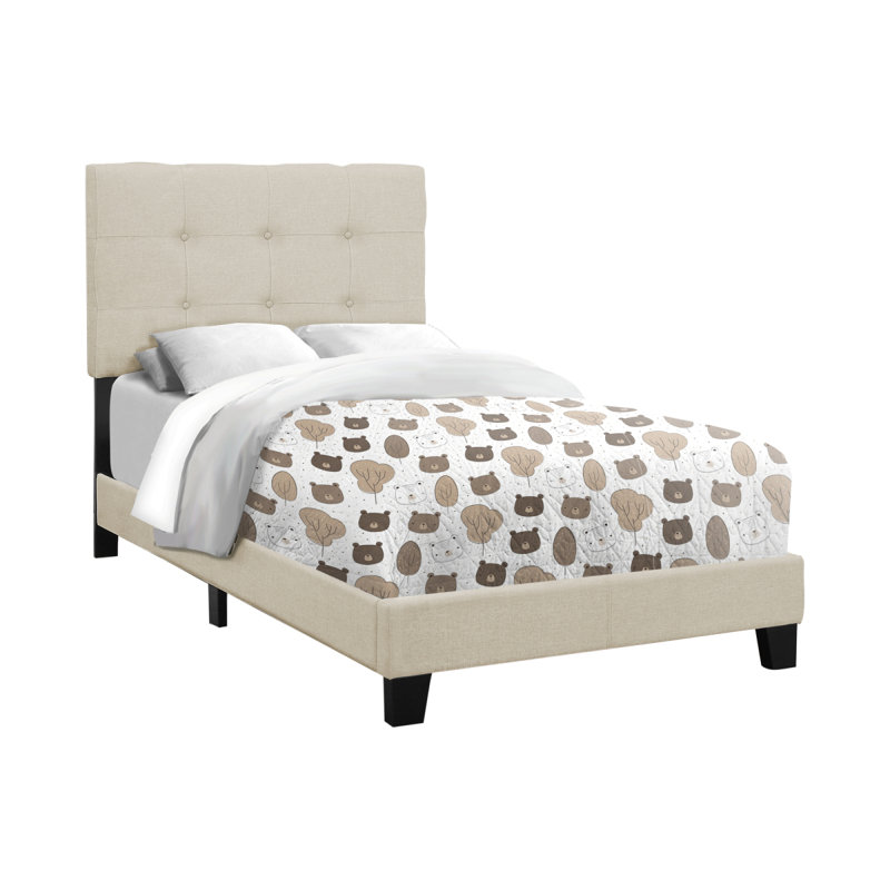 Lit, taille simple, tapissier, chambre à coucher, cadre seulement, jeunesse, adolescent, juvénile, aspect lin beige, transitionnel