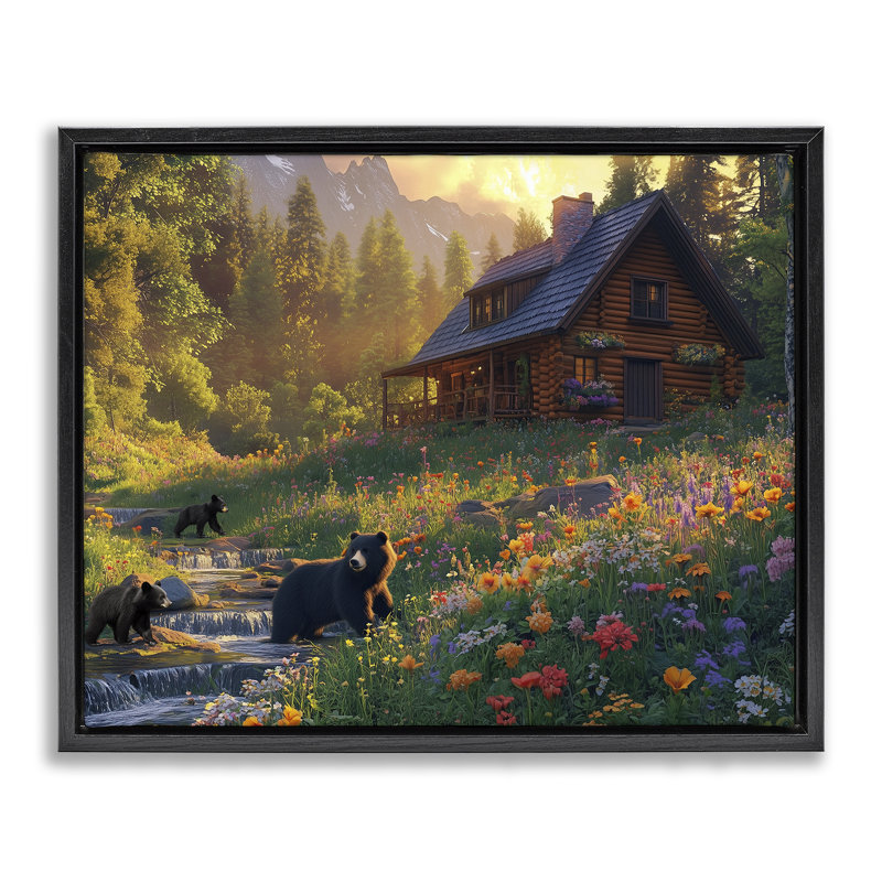 Bears at Floral Cabin Floating Frame, design by Jim Baldwin, Jet Black Floater Frame, 17" H x 21" W