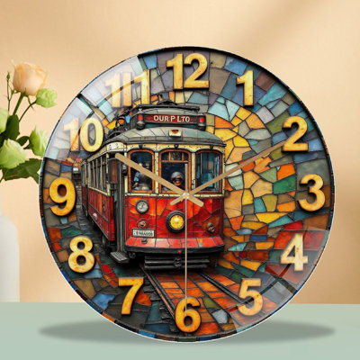 Vintage Style Stained Glass Wall Clock With Tram Design Art - 12'' Modern Glass Wall Clock