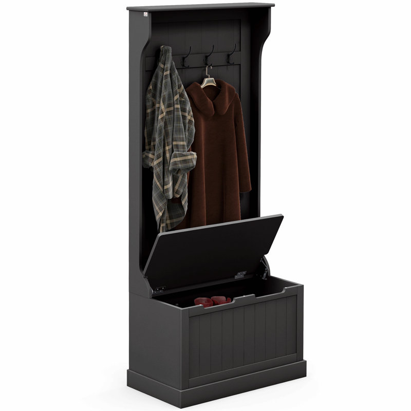 28" 3-In-1 Entryway Hall Tree With Storage Bench, Coat Rack With Four Hooks And Shoe Storage, Black