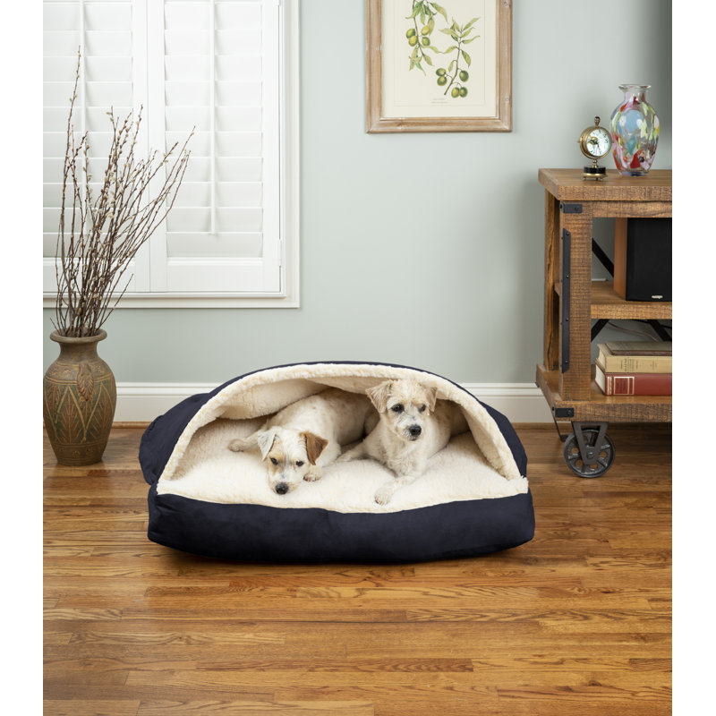 Small Navy Poly Cotton Hooded Rectangle Dog Bed