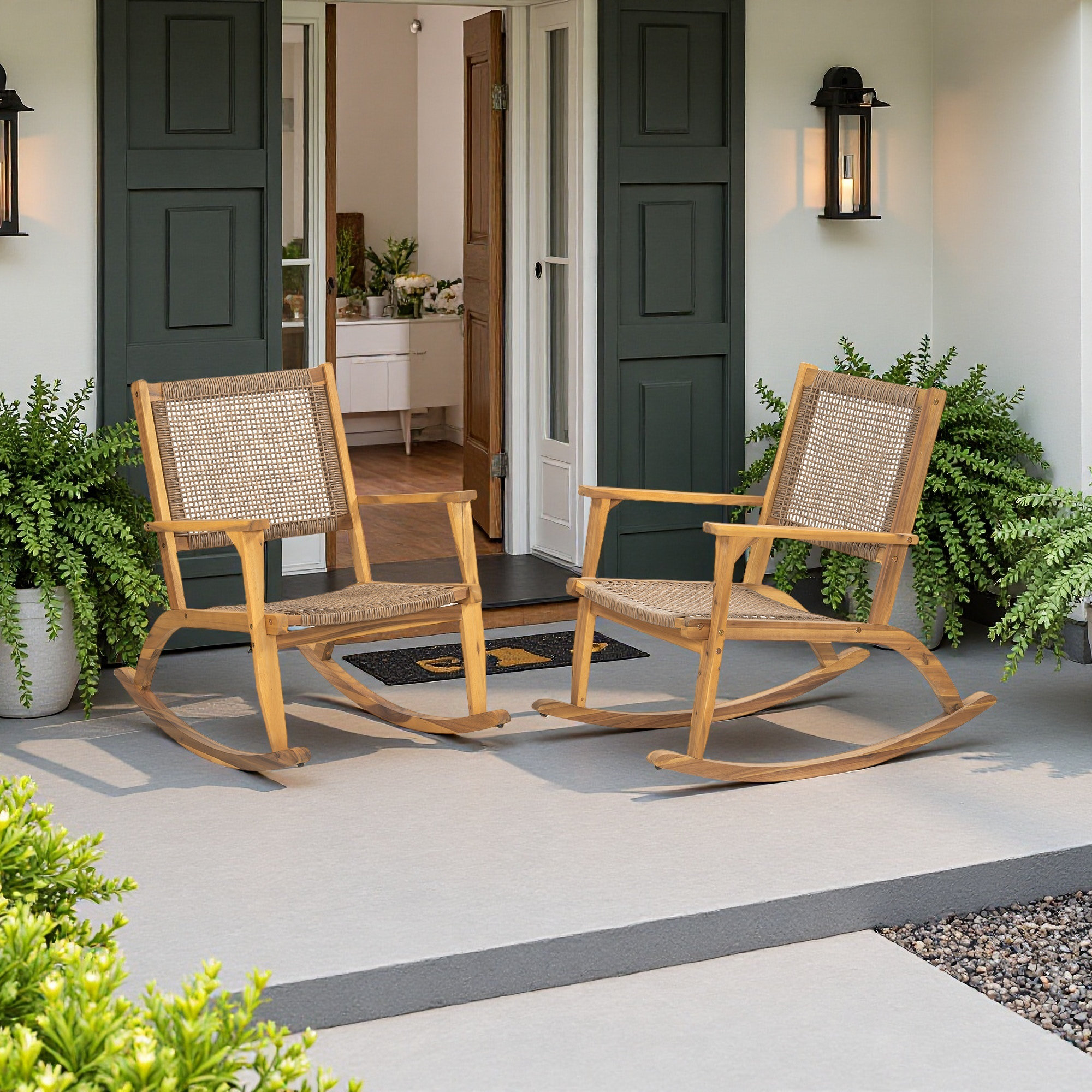 George Oliver 2-piece Acacia Wood Rocking Chair Set - Pe Wicker Patio ...
