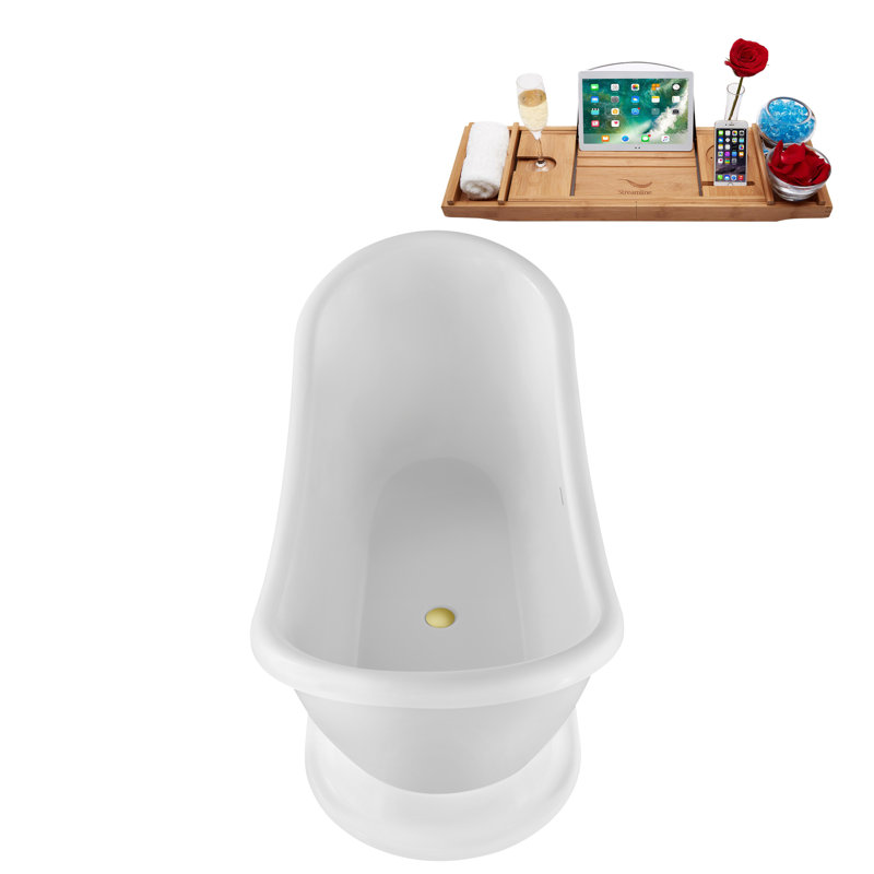 Baignoire de trempage autoportante en acrylique 70 po, plateau en bambou, drain, Laiton poli