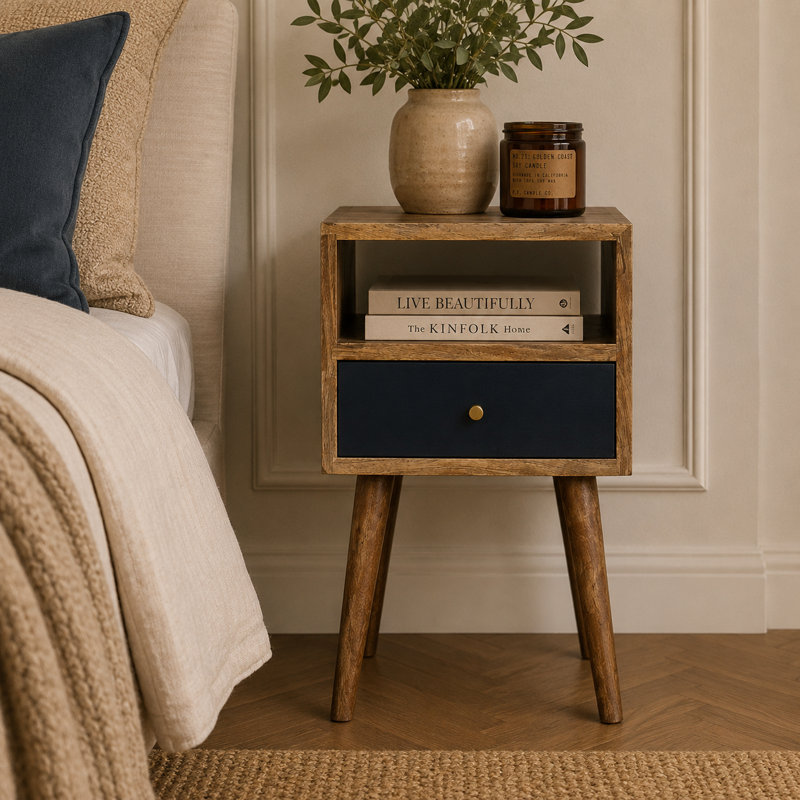 Fithian 30cm W Solid Wood Bedside Table, Oak-Ish/Navy Blue