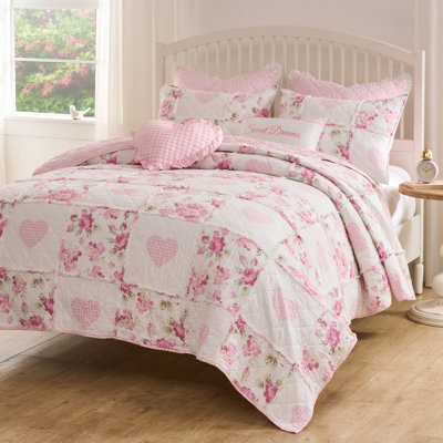 Ensemble de courtepointe pour grand lit 3 pièces Greenland Home Fashions Veronica's Hearts Pink 90 x 90 + 20 x 26 (2)