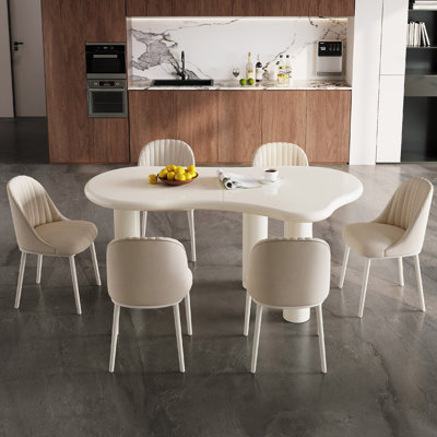 62.2" Irregular Cream White Dining Table Set With 6 Chairs for Kitchen, Bar, Living Room