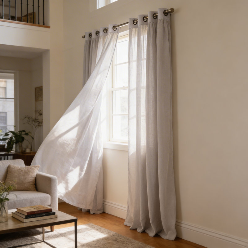 Gathered Linen-Textured Grommet Semi-Sheer Curtains, 52" W x 96" L, Light Grey