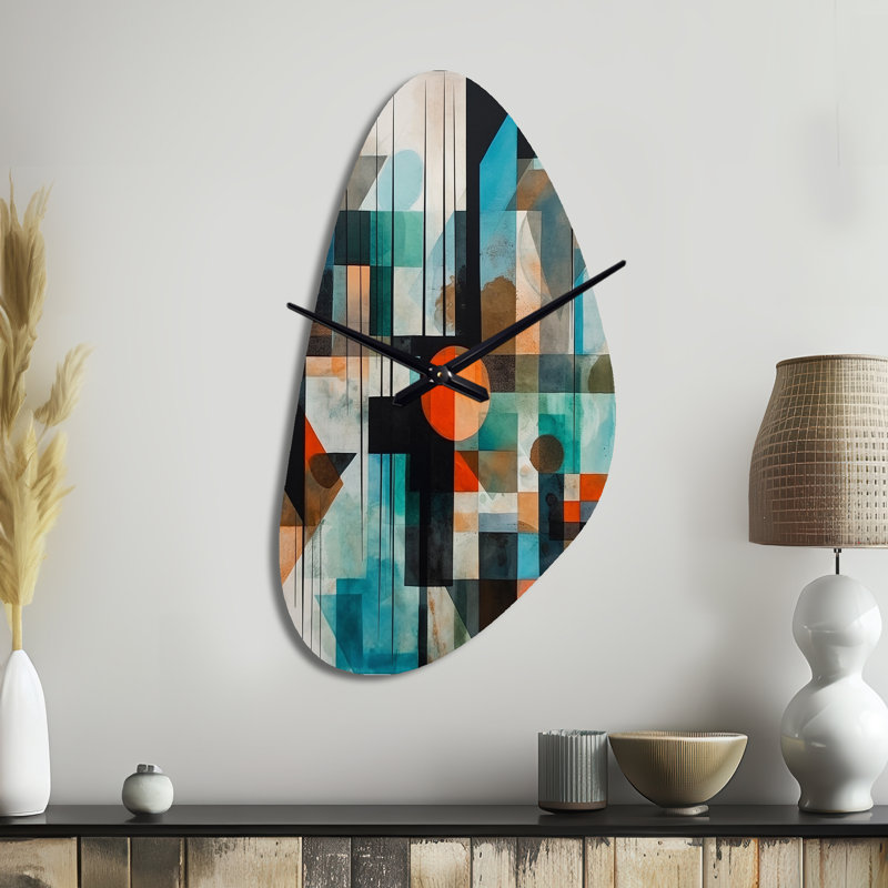«Orange Abstracted Geometric Explorations I», horloge murale géométrique de forme irrégulière, horloge murale asymétrique moderne