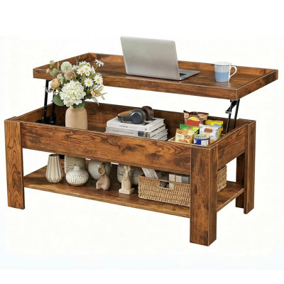 Lift-Top Coffee Table with Hydraulic Lift Top, Hidden Storage Compartment & Open Shelf, Wood Coffee Table Converts to Work or Dining Desk for Living Room, Small Apartment, Family Room