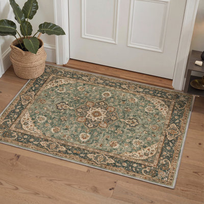 Paillasson traditionnel oriental vert/beige, performant, à poils courts, lavable et antidérapant