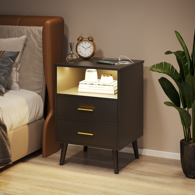 Tables de chevet Targo avec lumières DEL et ports USB, Noir
