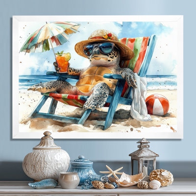 Turtle On The Beach Relaxing - Coastal Animal Wall Art Living Room