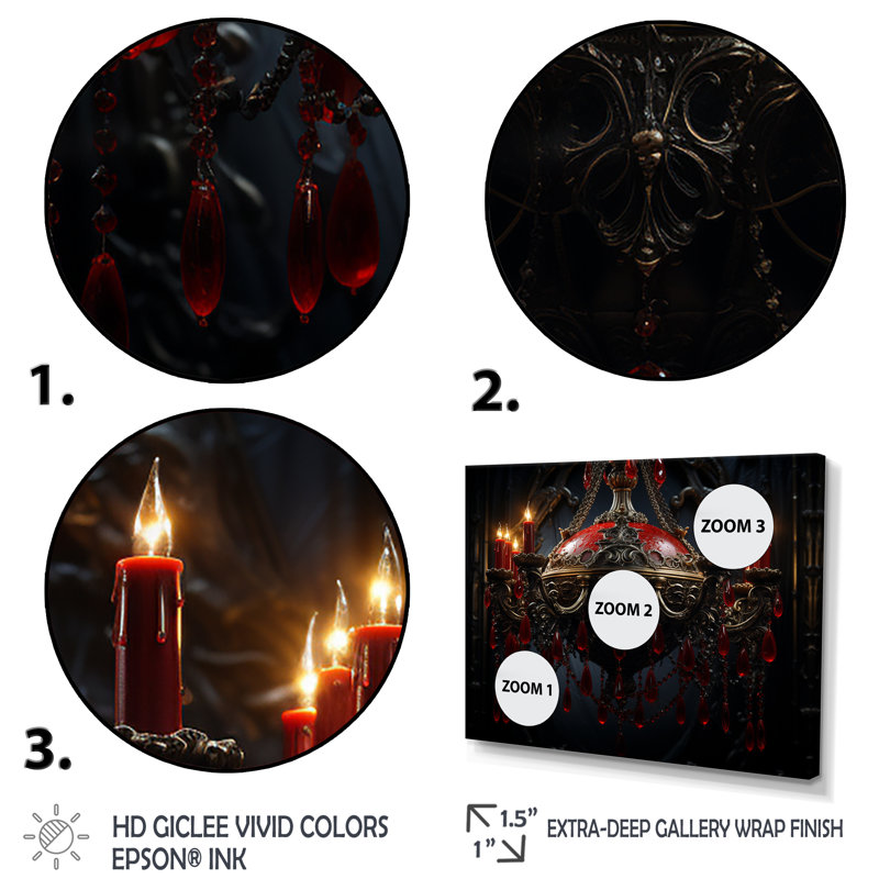 «Red Gothic Luminary Grace» - lustre, art mural, Cadre doré à coins fermés, H 34 po x l 44 po x P 1,5 po