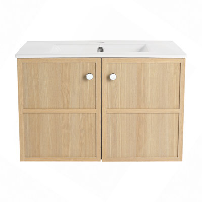 Wall-Mounted Bathroom Vanity Whit Ceramic Sink, 2-Soft Closing Door, Oak, Plywood