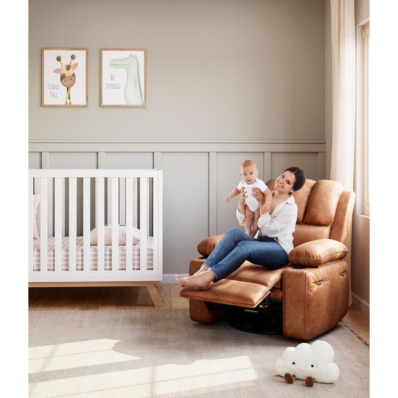 26.8" Wide Oversized Electric Recliner Chair, Two-Tone Vintage PU Leather Swivel Rocker Recliner with Massage, Remote Control & Cup Holders, Lounge Chair for Living Room, Bedroom, Nursery