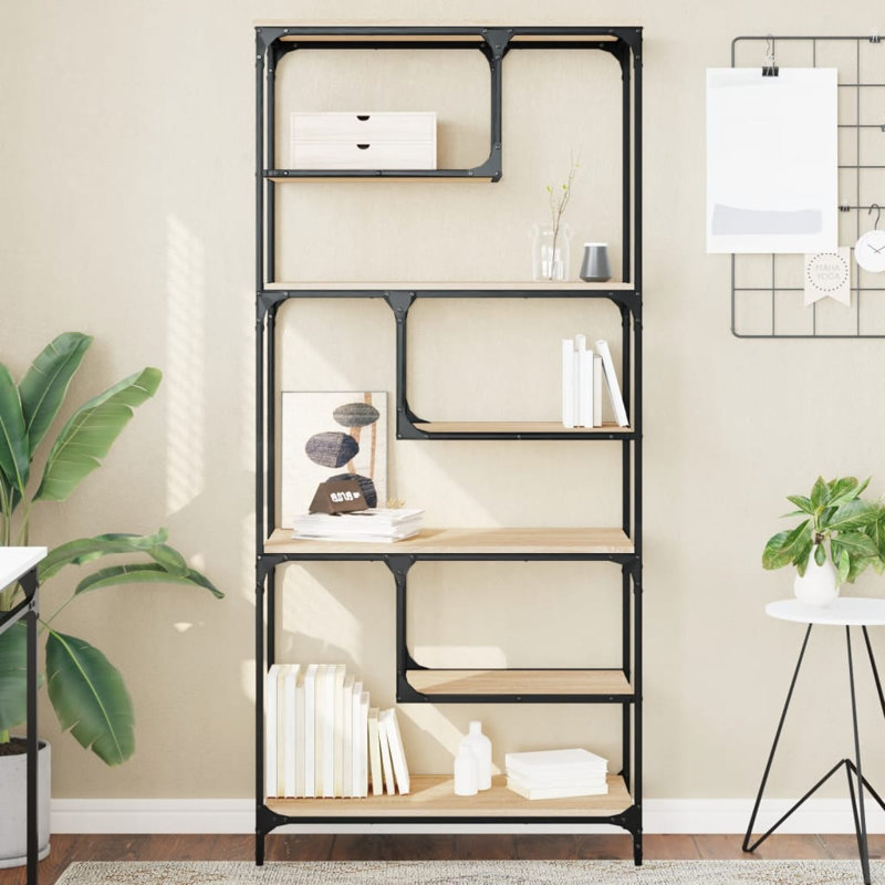 Emille 176cm H x 81cm W Steel Geometric Bookcase, Sonoma Oak
