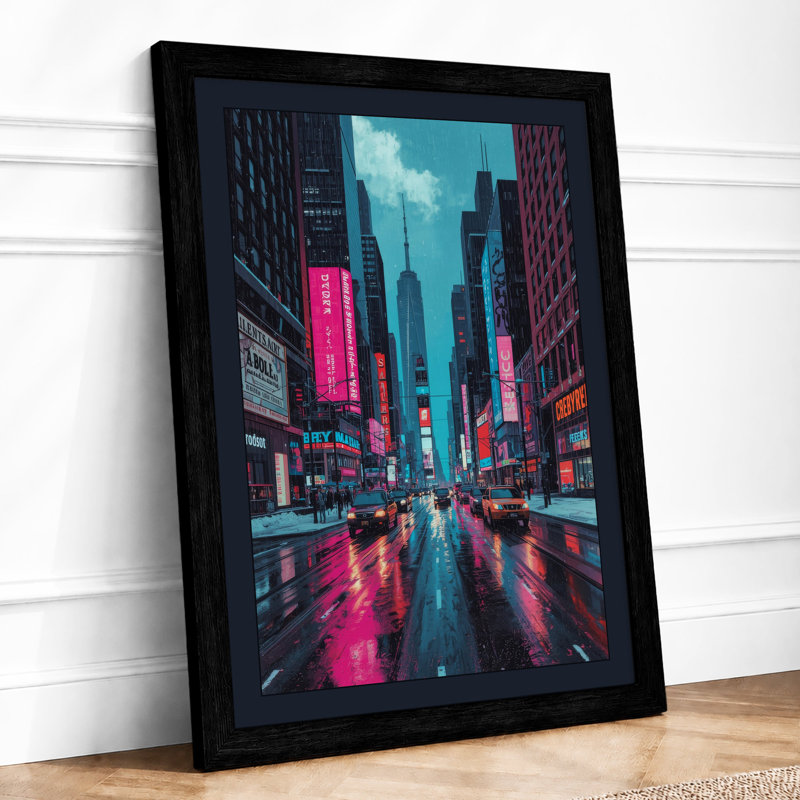 Neon City Rain Modern - Framed Print, Black, A3 - 42.0 x 29.7 cm