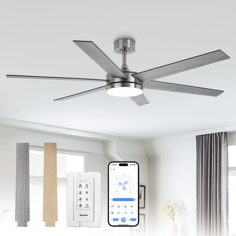 Grand ventilateur de plafond moderne intelligent de 60 po avec lumières DEL 3CCT à intensité variable, moteur CC réversible à 6 vitesses, minuterie, télécommande et contrôle d'apps