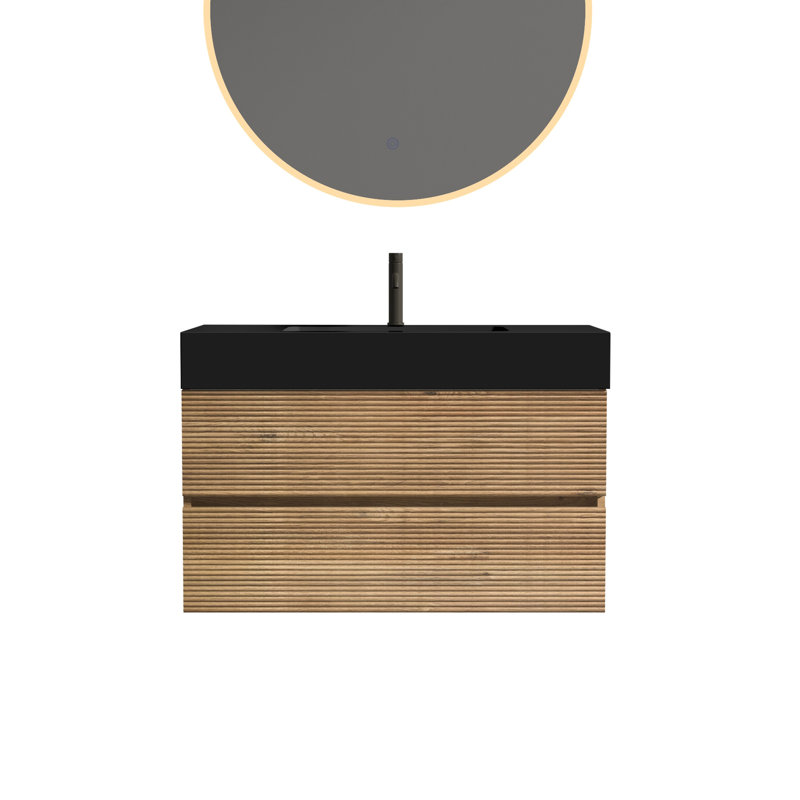 Meuble-lavabo mural 36 po avec lavabo en chêne, double tiroir noir doux, esthétique de style Mid-Century, panneau de grille, couleur noyer, panneaux E1, laque à base d'eau E0, poignée cachée, en forme de U