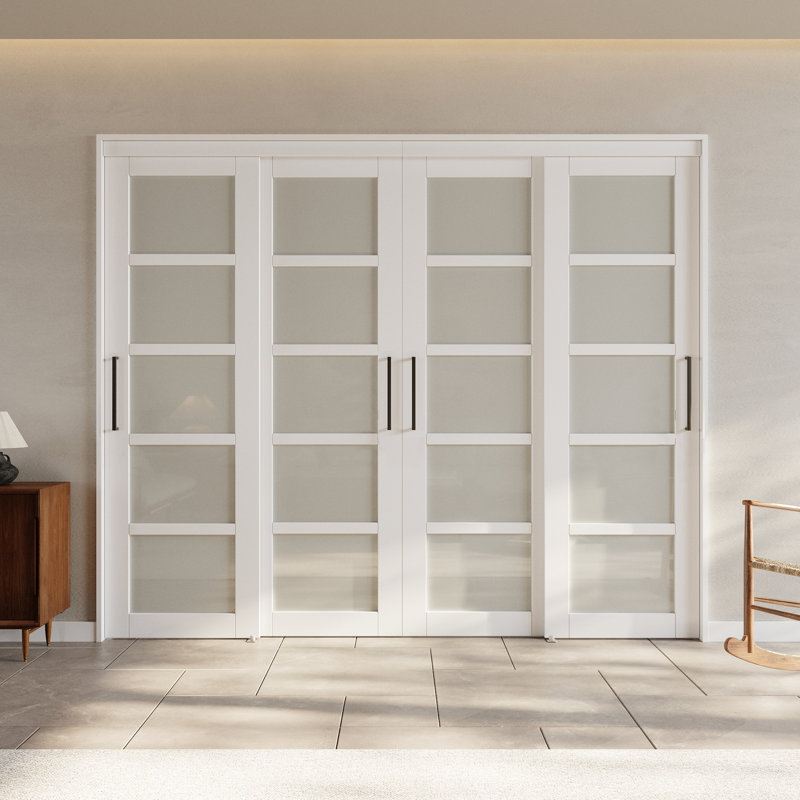 Portes coulissantes à double porte de placard en verre givré 5 pièces 96 "x80" avec quincaillerie et poignées pour très grand lit, 4 panneaux de porte