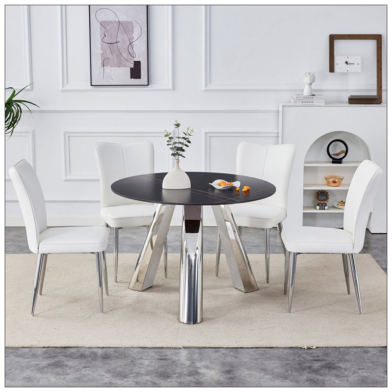 Ensemble de table de salle à manger en pierre frittée de 42 pouces avec ensemble de chaises en polyuréthane poli miroir