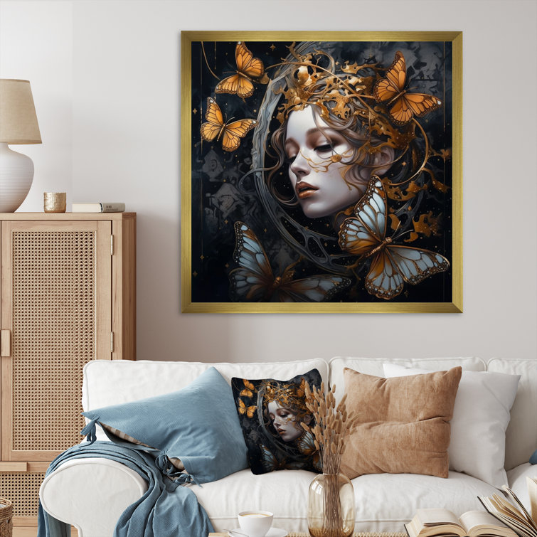 Female Golden Butterflies I - Woman Butterfly Wall Art Prints Mercer41 Format: Gold Floater Framed, Size: 24 H x 24 W x 1 D