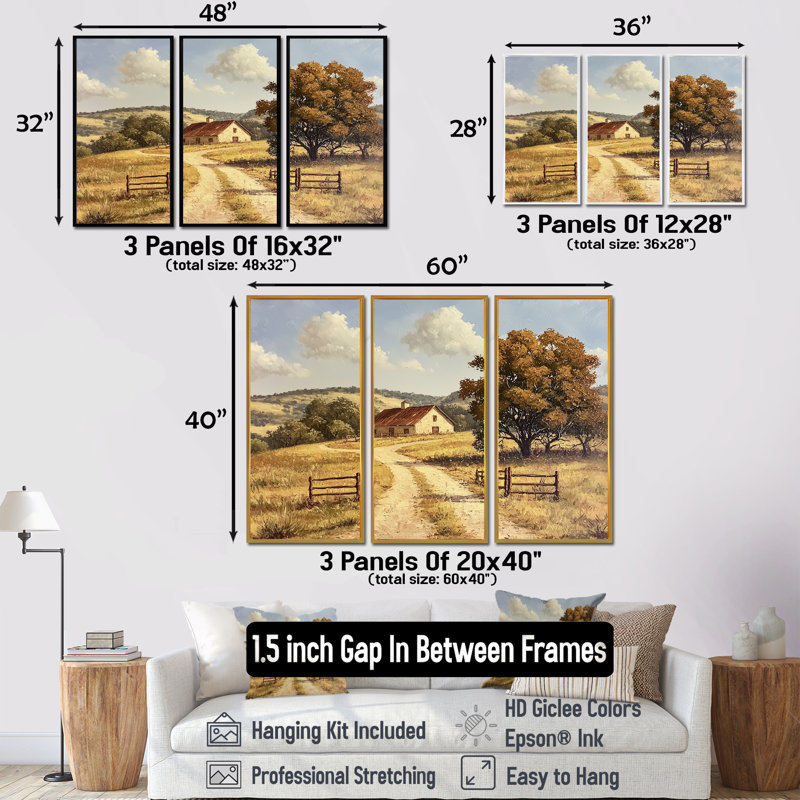 Texas Ranch Horizon II - ensemble d'art mural Texas, H 40 po x l 60 po, Reproduction avec cadre flottant, Doré