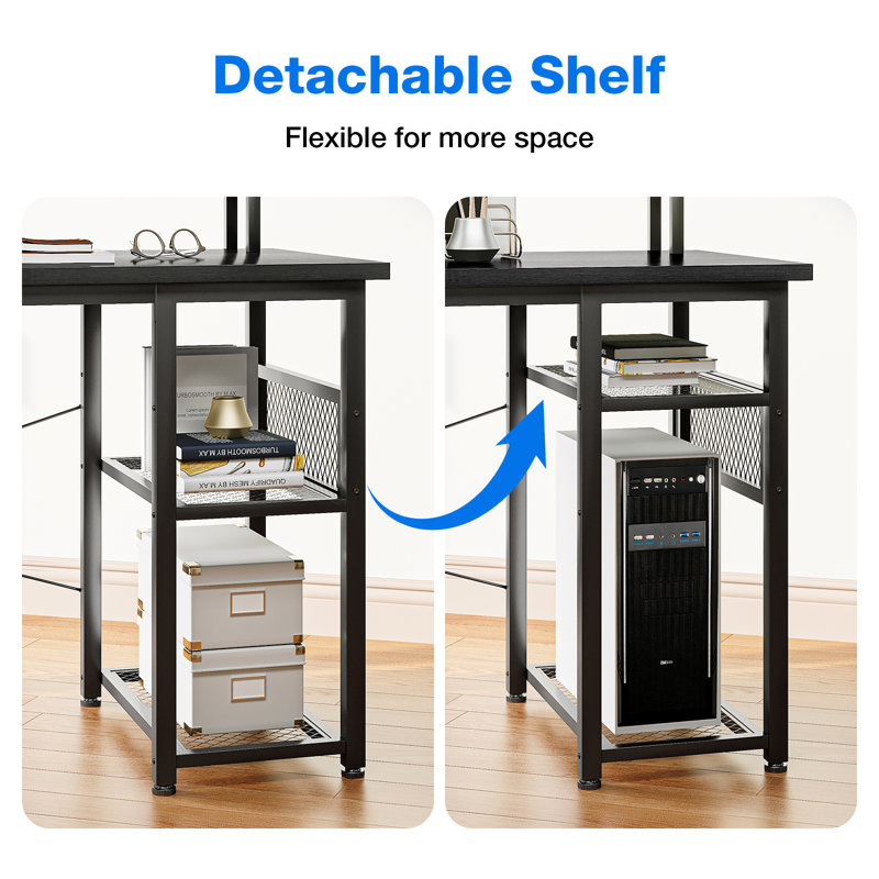 Latarya 59''W L-Shaped Desk with Steel Storage Shelves,Reversible Computer Desk with Built-in Outlets and LED Strip Lights