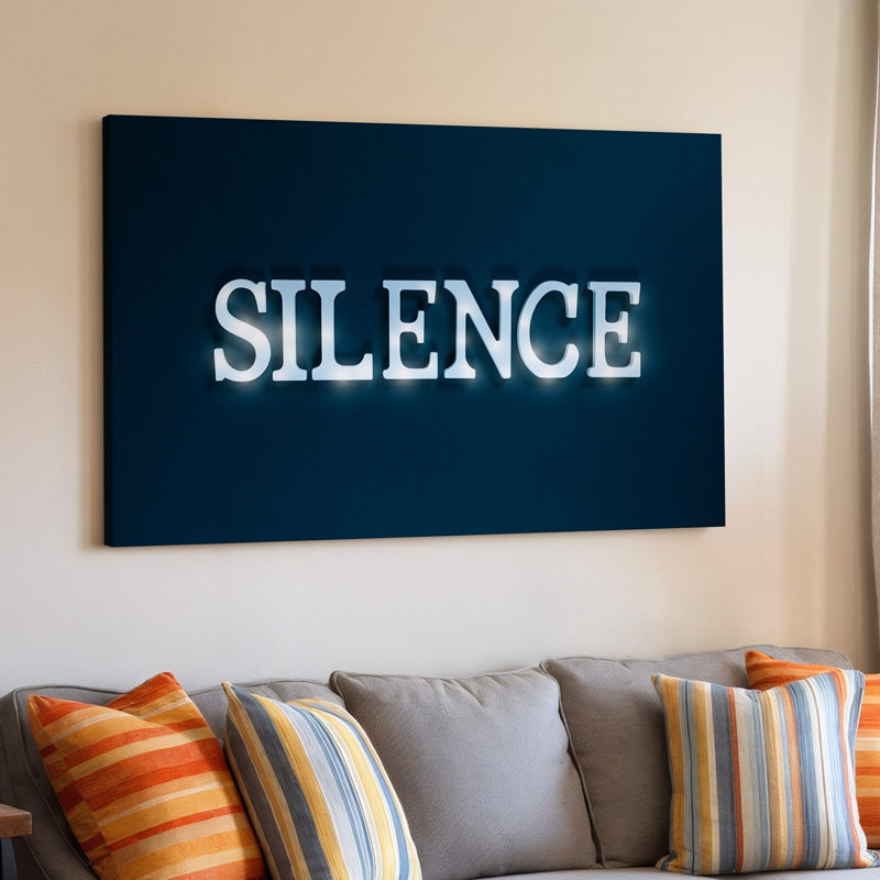 Toile, "Design A Minimalist Design" mettant en vedette le mot SILENCE dans un art mural élégant et moderne, centré sur un fond noir profond
