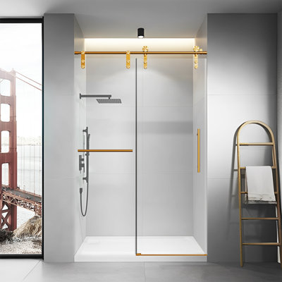 Portes de douche coulissantes simples sans cadre l 46 à 48 po x H 76 po sans porte de douche coulissante à fermeture en douceur avec porte-serviettes et poignée auxiliaire, porte en verre trempé Sgcc de 5/16 po (8 mm) d'épaisseur, or brossé