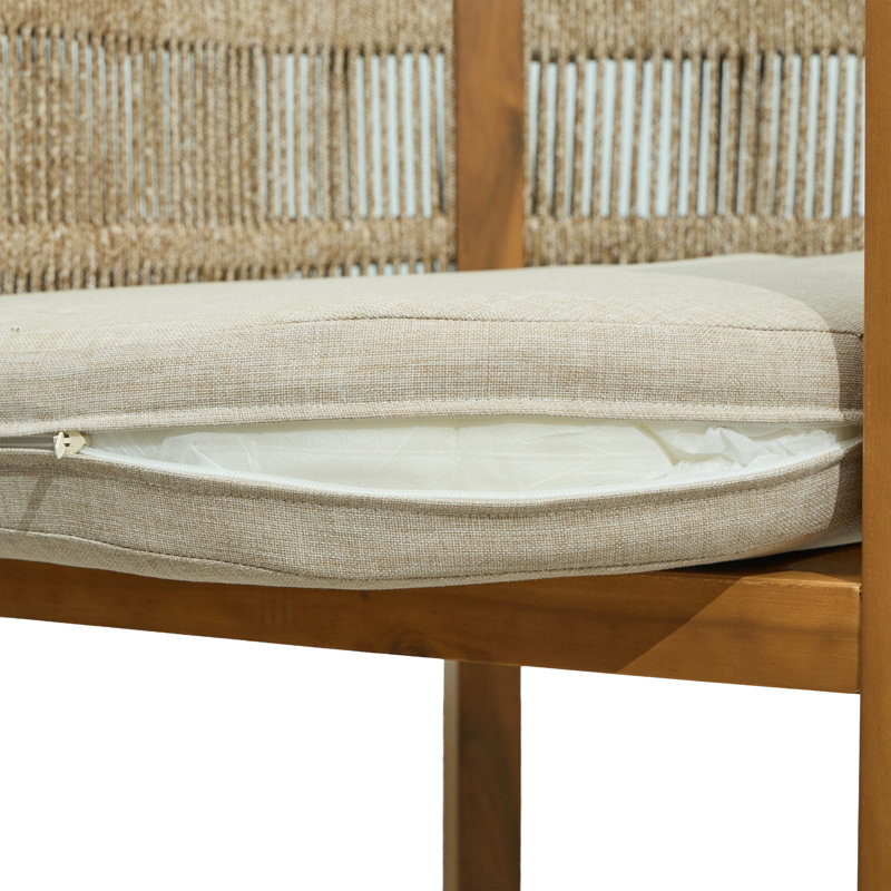 Gariepy Patio Acacia Wood Dining Chairs With Woven Rope & Cushions, Natural Beige Cushion/Brown Rope+Teak Frame