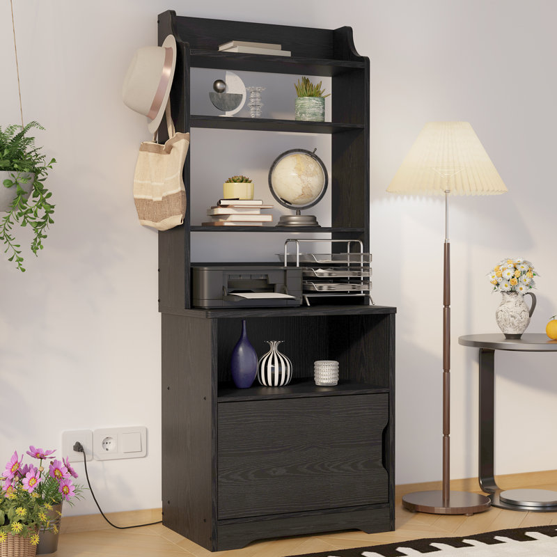 Nightstand with Charging Station, 55" Tall Bedside Table with Storage Cabinet and Adjustable Shelves, Black