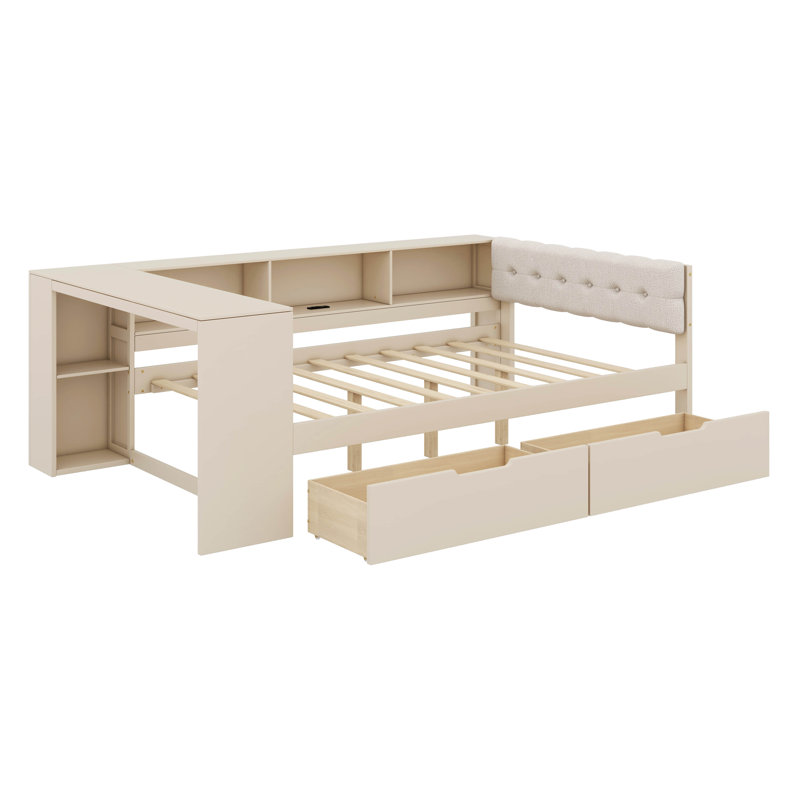 Lit plateforme avec tablettes de rangement, tiroirs, station de charge et tête de lit tapissier, Double, Crème