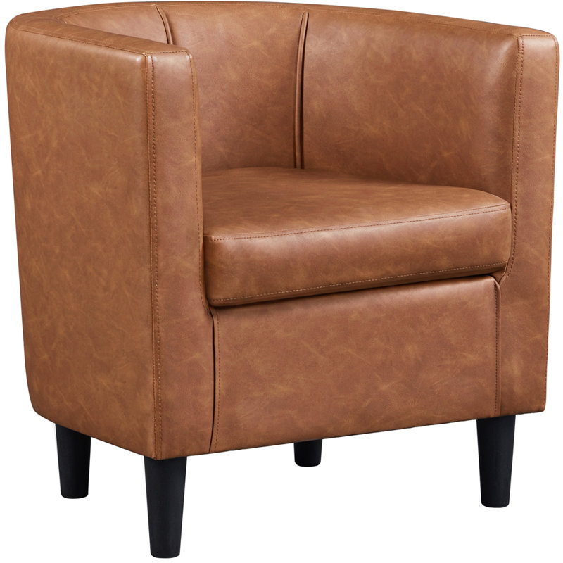 Faux Leather Barrel Chair, Upholstered Accent Chair, Brown