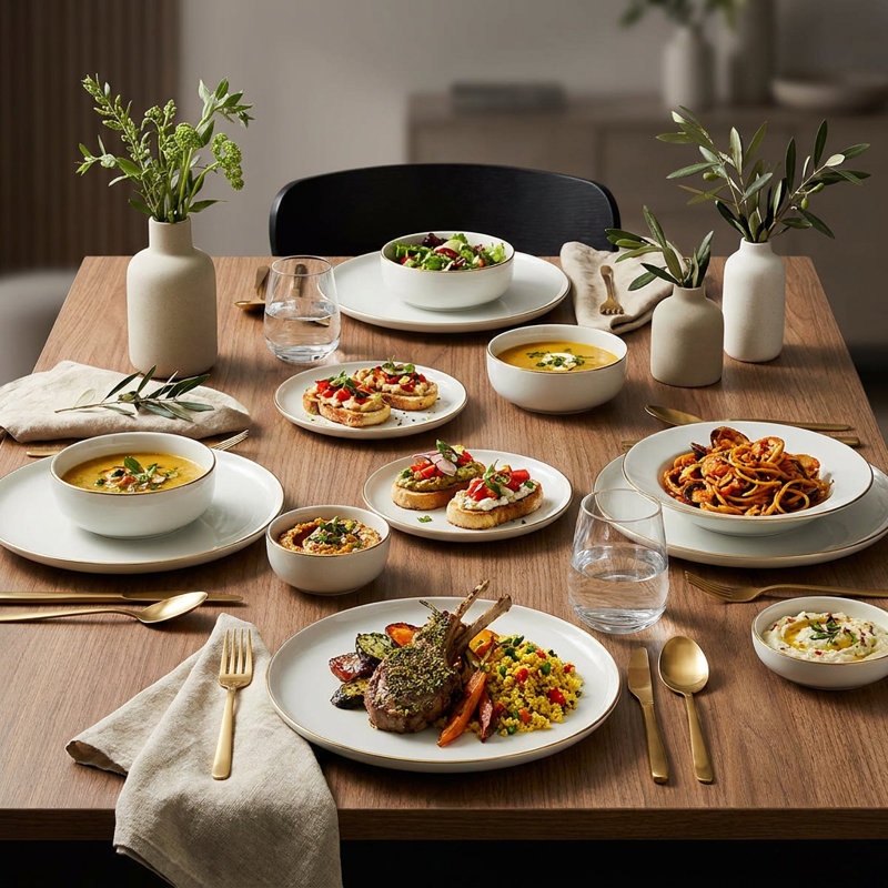 Service de table en porcelaine crème à bordure dorée (service de 18 pièces pour 6 personnes)