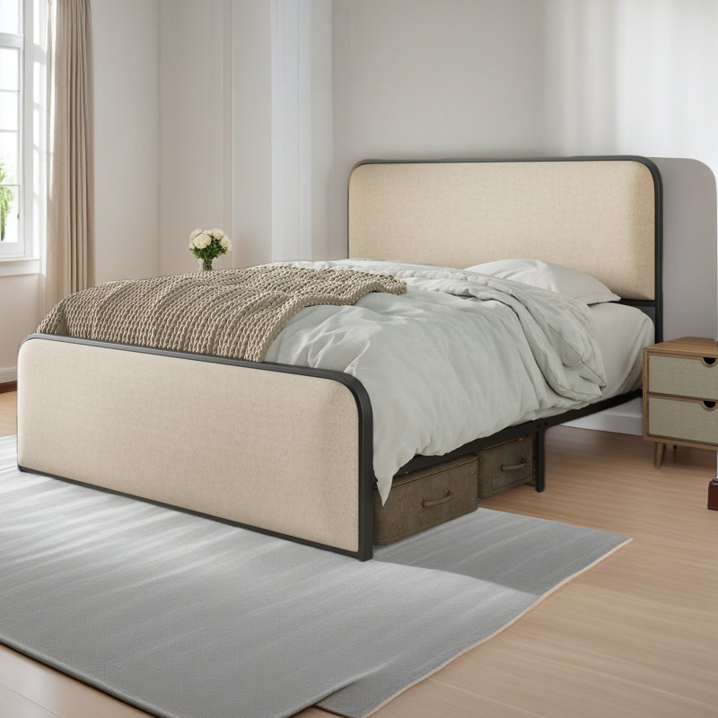 Lit rembourré avec rangement, Grand, Beige / noir, No Storage Included