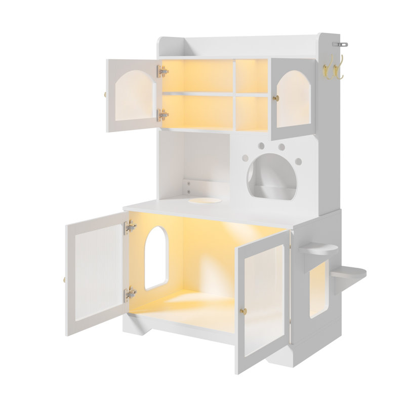 3-Tier Cat Litter Box Enclosure with Storage Cabinet, Hidden Cat Washroom Furniture with Fluted Acrylic Doors & Climbing Platforms, Indoor Pet House & Cat Tree Combo for Food, White