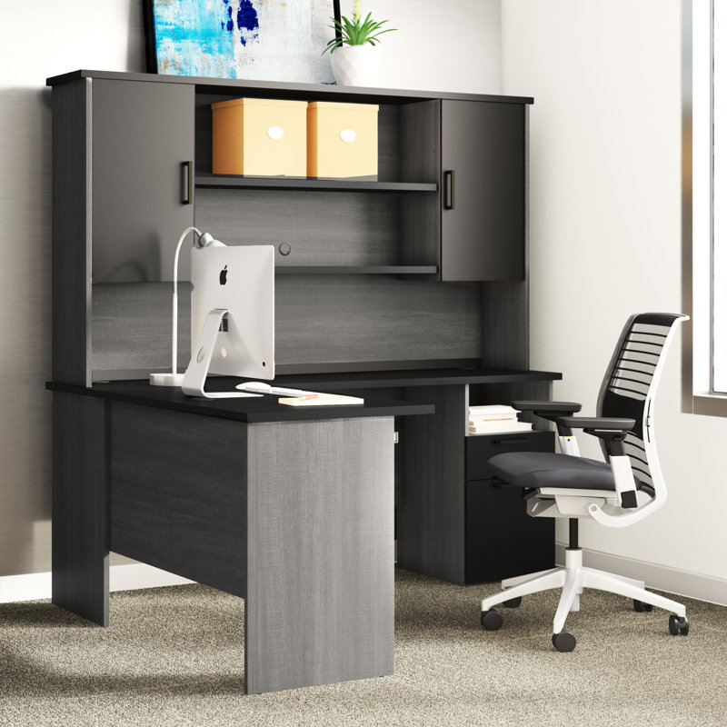 Bureau de direction en L réversible avec huche Ocke, Noir / gris écorce