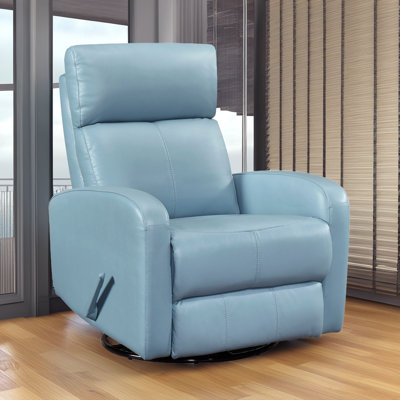 Premium Blue Leather Swivel Glider Recliner – 360° Rotation – 155° Recline – Solid Wood Frame?