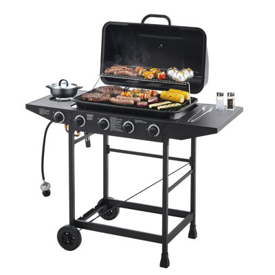 Barbecue au propane à 4 brûleurs avec brûleur latéral, 42 000, grilles en émail, tables pour allumage piézoélectrique au gaz 7900 pour l'extérieur, facile à déplacer