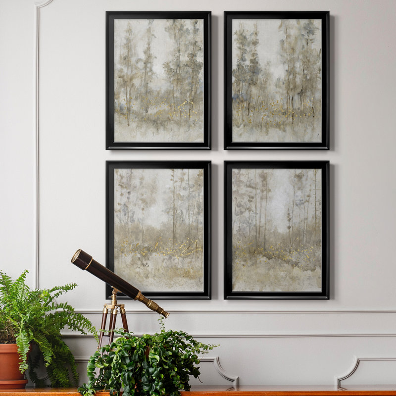 Thicket of Trees I - Ensemble de 4 peintures sur toile encadrées, H 42,5 po x l 122 po x P 1 po, Cadre noir
