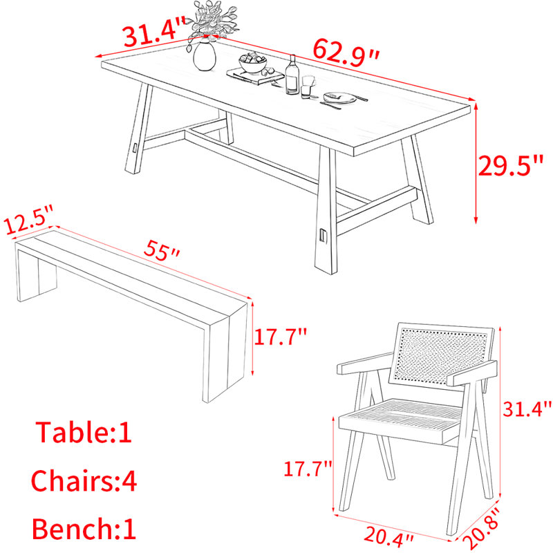 Ensemble de table de salle à manger en bois massif de style nordique, H 29,5 po x L 62,9 po x l 31,4 po