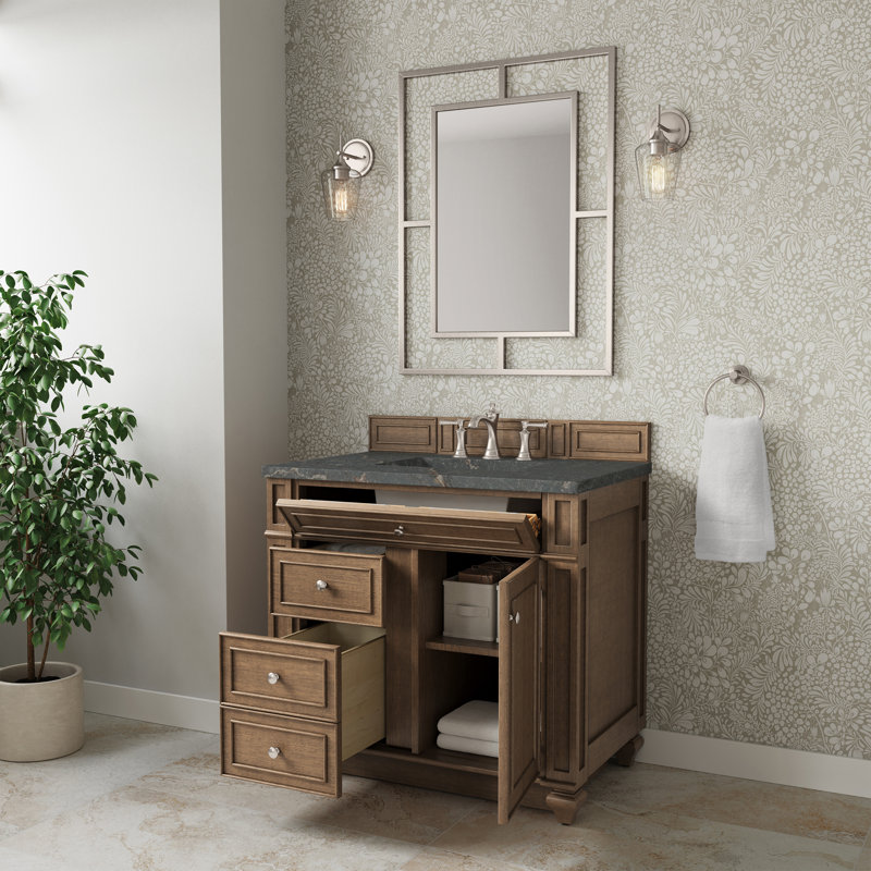 Meuble-lavabo simple 36 po Calisto, Brun selle, Quartz bleu Parisien, 8 po