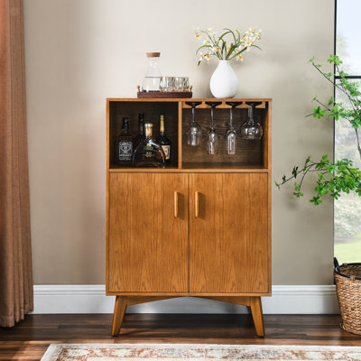 31.5 Inch Liquor Cabinet with Wine Glass Holder and Wine Rack | Adjustable Shelf, Rustic Sideboard Buffet Cabinet for Kitchen, Coffee Bar, Dining Room