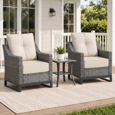 3 Piece Patio Furniture Set, Outdoor Conversation Set With 2 Wicker Armchairs And Glass Top Side Table, Pe Rattan Patio Chairs With 6 Inch Olefin Cushions, 350 Lbs Capacity For Porch, Balcony, Backyard, Deck, Grey/Beige