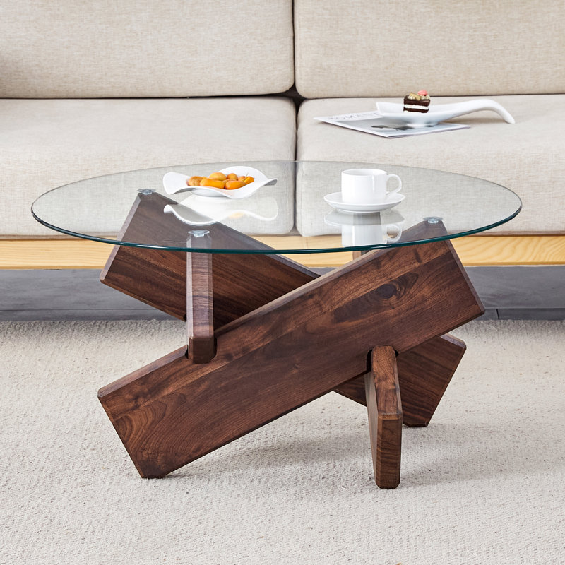 Round Coffee Tables with Tempered Glass Top Center Table, Walnut