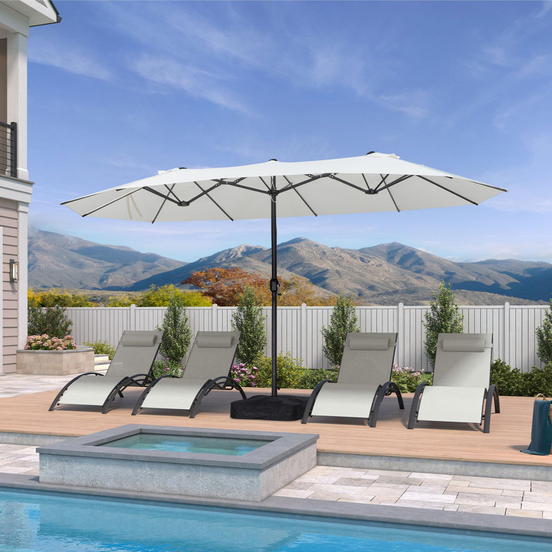 Parasol 14 pi avec marché de patio blanc et base rectangulaire double face avec parasol et manivelle 12 nervures robustes robustes pour piscine