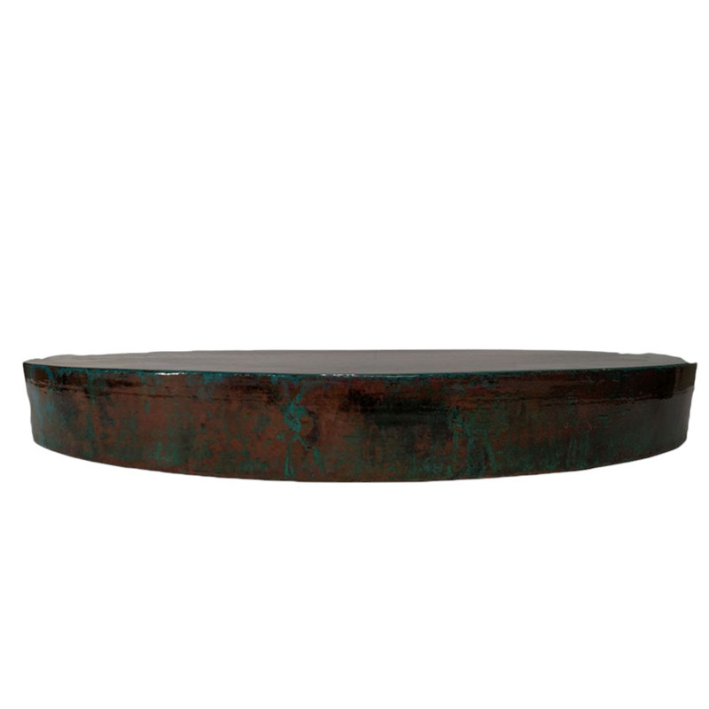 Oxidized Copper Top Round Dining Table: Rustic Distressed Chocolate Pedestal